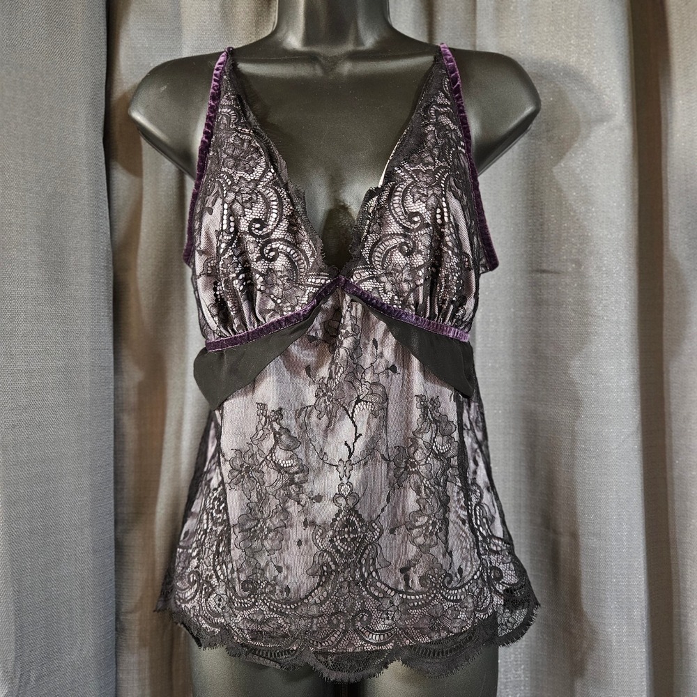 Moda International Black Lace Velvet Trim Camisole Top Purple Medium USA Made